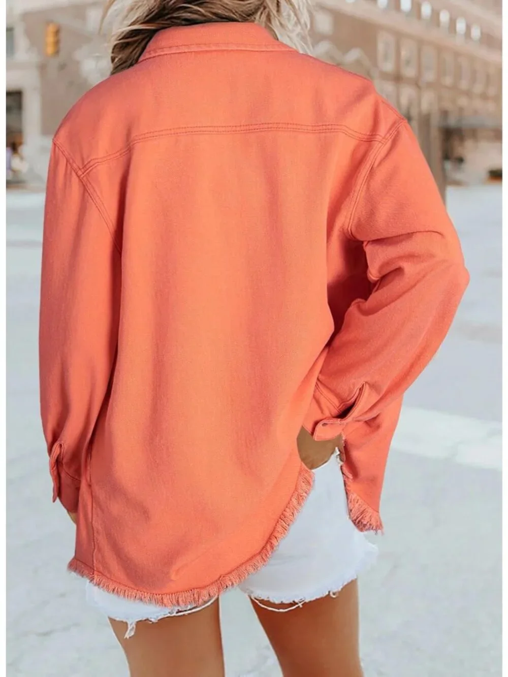Women's Orange Denim Button Down Oversized Distressed Boyfriend Jean Jacket